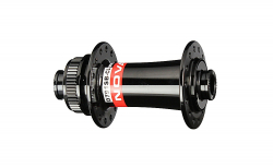 Hub front D791SB-CL-12 centerlock, polished anodized black, 28h, key hole, Axle alloy 12x100, without 12mm thru axle, 2xNBK Bearings, centerlock, black side caps, with Novatec 360 logo, OEM